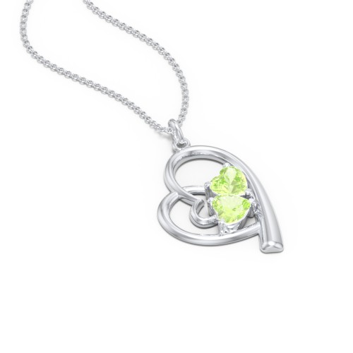 Intertwined Heart In Heart Pendant with 2 Gemstones – Sterling Silver with Peridot