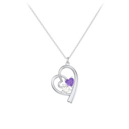 Intertwined Heart In Heart Pendant with 2 Gemstones in 925 Sterling Silver with Amethyst and Cubic Zirconia