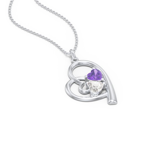 Intertwined Heart In Heart Pendant with 2 Gemstones – Sterling Silver with Amethyst and Cubic Zirconia