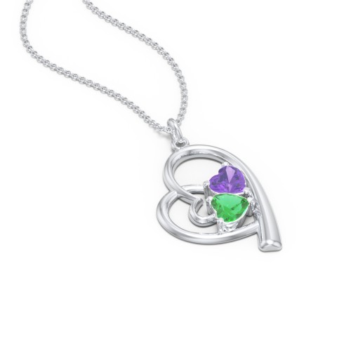 Intertwined Heart In Heart Pendant with 2 Gemstones – Sterling Silver with Amethyst and Emerald