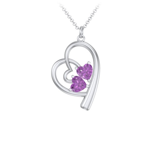 Intertwined Heart In Heart Pendant with 2 Gemstones – Sterling Silver with Amethyst