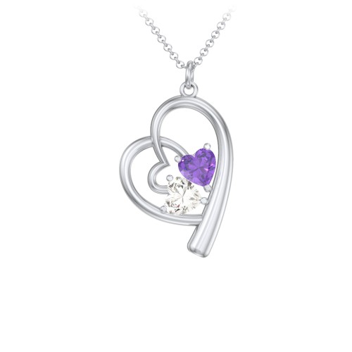 Intertwined Heart In Heart Pendant with 2 Gemstones – Sterling Silver with Amethyst and Cubic Zirconia