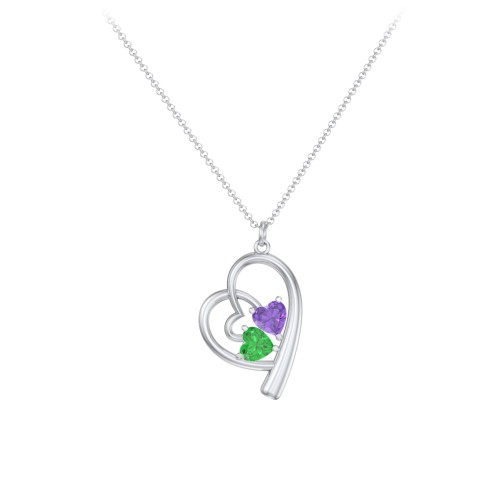 Intertwined Heart In Heart Pendant with 2 Gemstones – Sterling Silver with Amethyst and Emerald