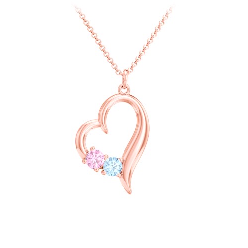 Tilted Open Heart Pendant with Gemstones – 10K Rose Gold with Pink Tourmaline and Blue Topaz