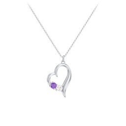 Tilted Open Heart Pendant with Gemstones in 925 Sterling Silver with Amethyst and Cubic Zirconia