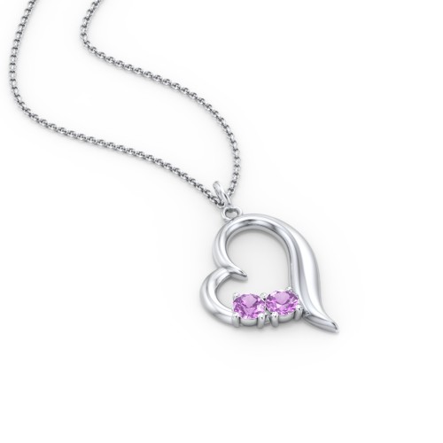 Tilted Open Heart Pendant with Gemstones – Sterling Silver with Amethyst