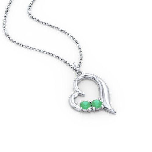 Tilted Open Heart Pendant with Gemstones – Sterling Silver with Emerald