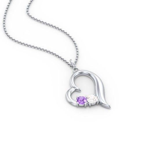 Tilted Open Heart Pendant with Gemstones – Sterling Silver with Amethyst and Cubic Zirconia