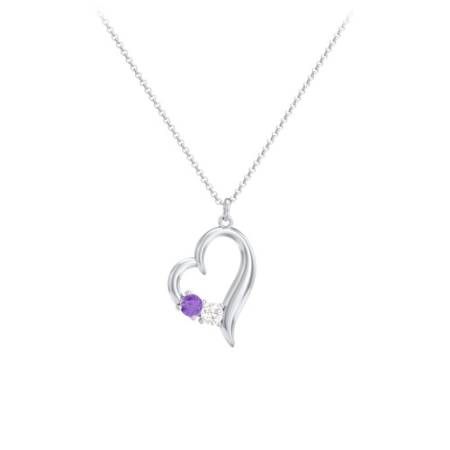 Tilted Open Heart Pendant with Gemstones – Sterling Silver with Amethyst and Cubic Zirconia