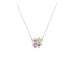 Lucky Clover Hearts And Gemstones Necklace in 925 Sterling Silver with Peridot and Pink Tourmaline