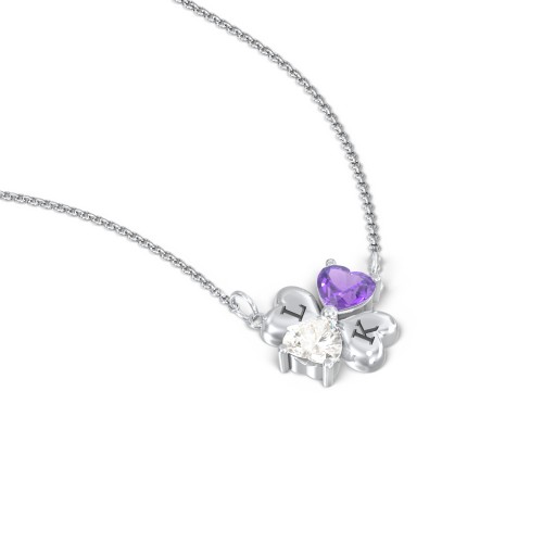 Lucky Clover Hearts And Gemstones Necklace – Sterling Silver with Amethyst and Cubic Zirconia