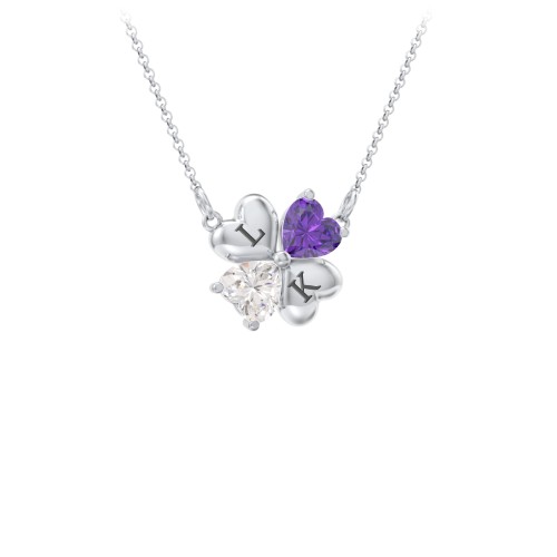Lucky Clover Hearts And Gemstones Necklace – Sterling Silver with Amethyst and Cubic Zirconia