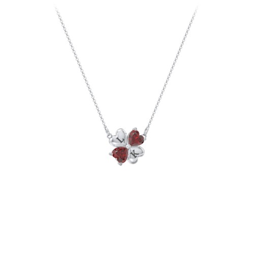 Lucky Clover Hearts And Gemstones Necklace – Sterling Silver with Garnet