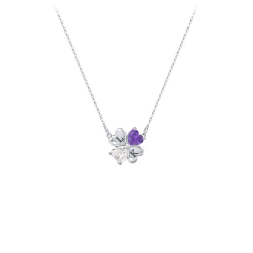 Lucky Clover Hearts And Gemstones Necklace – Sterling Silver with Amethyst and Cubic Zirconia