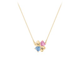 Lucky Clover Hearts And Gemstones Necklace in 10K Solid Yellow Gold with Pink Tourmaline and Blue Topaz