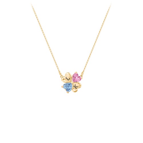 Lucky Clover Hearts And Gemstones Necklace – 10K Yellow Gold with Pink Tourmaline and Blue Topaz