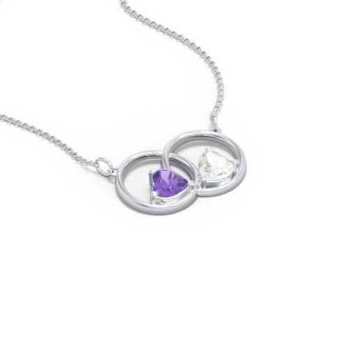 Interlocking Rings Pendant with Heart Gemstones – Sterling Silver with Amethyst and Cubic Zirconia