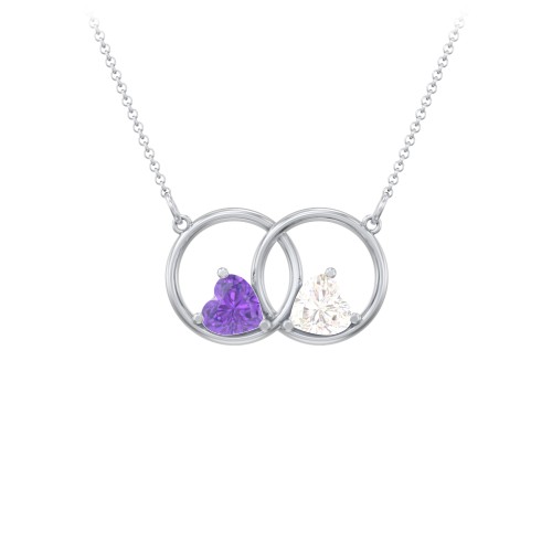 Interlocking Rings Pendant with Heart Gemstones – Sterling Silver with Amethyst and Cubic Zirconia