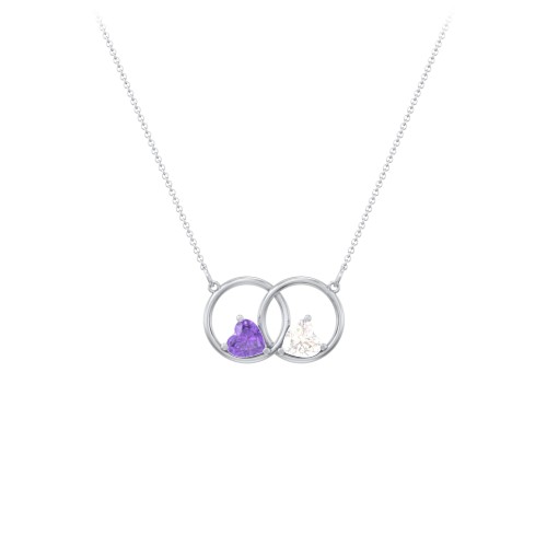 Interlocking Rings Pendant with Heart Gemstones – Sterling Silver with Amethyst and Cubic Zirconia