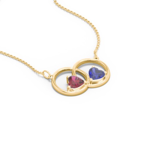 Interlocking Rings Pendant with Heart Gemstones – 10K Yellow Gold with Ruby and Blue Sapphire