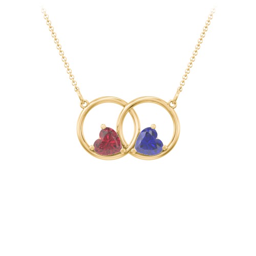 Interlocking Rings Pendant with Heart Gemstones – 10K Yellow Gold with Ruby and Blue Sapphire