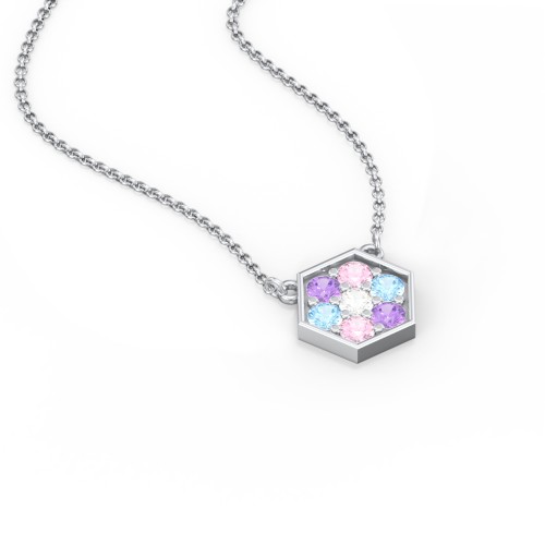 Hexagon Family Birthstone Necklace – Sterling Silver with Amethyst, Pink Tourmaline, Blue Topaz, and Cubic Zirconia