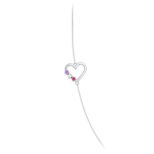 Satellite 3-Stone Heart and Initials Necklace – Sterling Silver with Amethyst, Cubic Zirconia, and Ruby