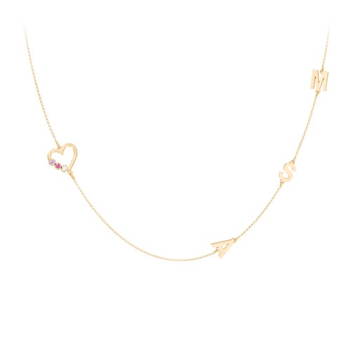 Satellite 3-Stone Heart and Initials Necklace – 10K Yellow Gold with Amethyst, Ruby, and Cubic Zirconia