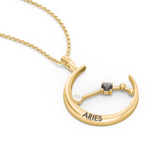 Engravable Aries Constellation Necklace With Gemstone – 18K Gold Plated Silver with Smokey Quartz and White Premium Zirconia