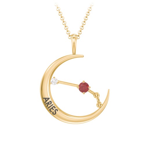 Engravable Aries Constellation Necklace With Gemstone – 18K Gold Plated Silver with Garnet and White Premium Zirconia