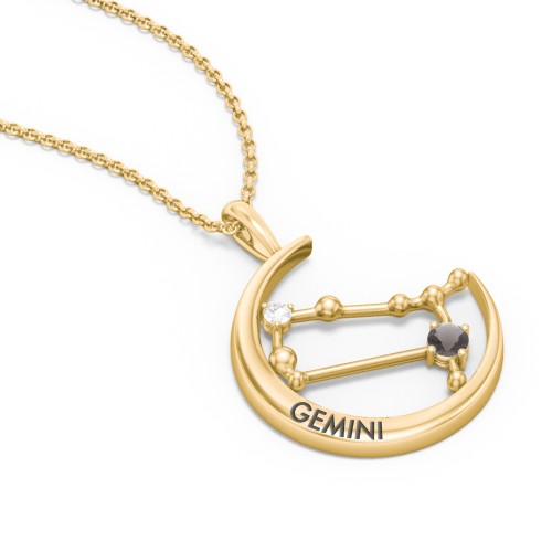 Engravable Gemini Constellation Necklace With Gemstone – 18K Gold Plated Silver with Smokey Quartz and White Premium Zirconia