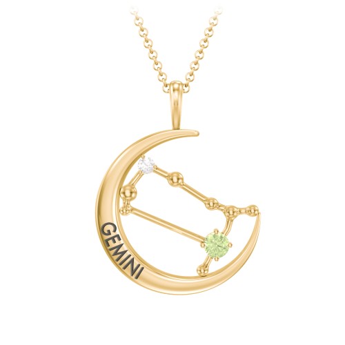 Engravable Gemini Constellation Necklace With Gemstone – 18K Gold Plated Silver with Peridot and White Premium Zirconia