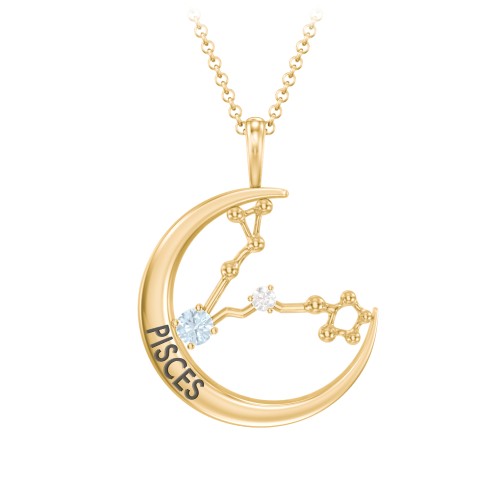 Engravable Pisces Constellation Necklace With Gemstone – 18K Gold Plated Silver with Aquamarine and White Premium Zirconia