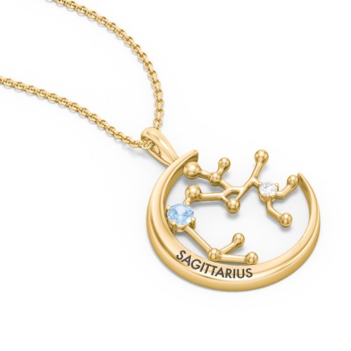 Engravable Sagittarius Constellation Necklace With Gemstone – 18K Gold Plated Silver with Blue Topaz and White Premium Zirconia