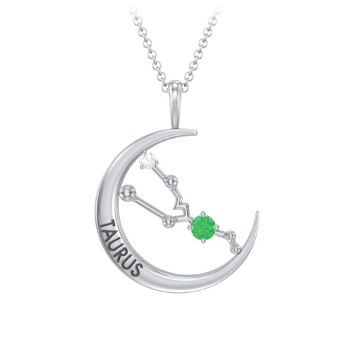 Engravable Taurus Constellation Necklace With Gemstone – Sterling Silver with Emerald and White Premium Zirconia
