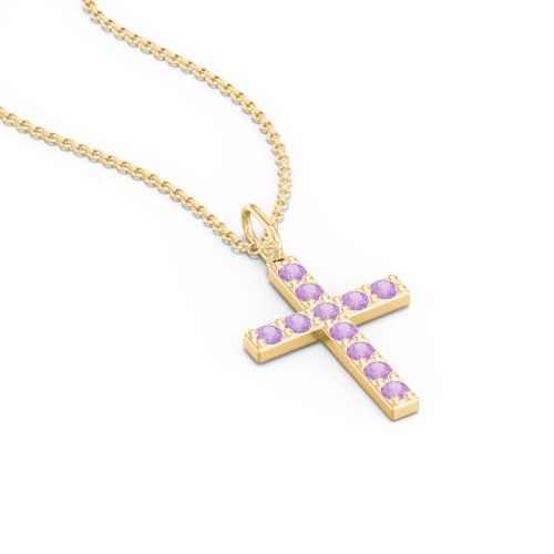 Medium Gemstone Cross Pendant – 18K Gold Plated Silver with Amethyst