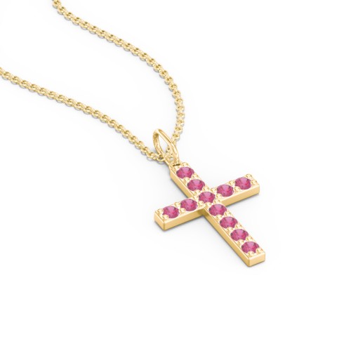 Medium Gemstone Cross Pendant – 18K Gold Plated Silver with Ruby