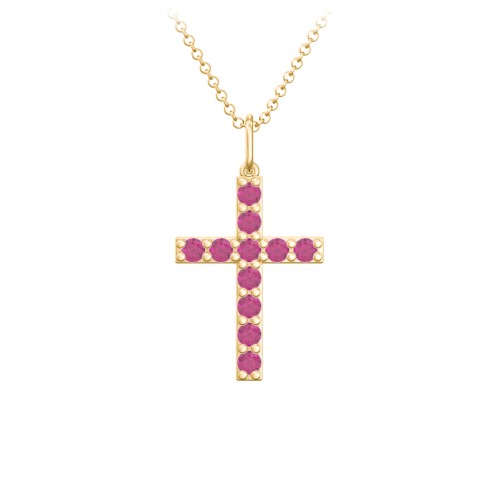 Medium Gemstone Cross Pendant – 18K Gold Plated Silver with Ruby
