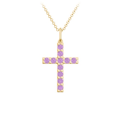 Medium Gemstone Cross Pendant – 18K Gold Plated Silver with Amethyst