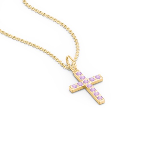 Small Gemstone Cross Pendant – 18K Gold Plated Silver with Amethyst