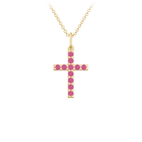 Small Gemstone Cross Pendant – 18K Gold Plated Silver with Ruby