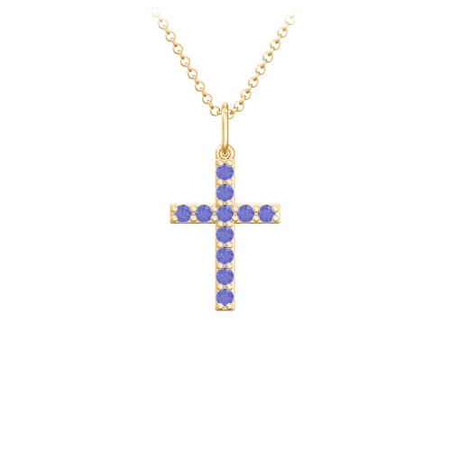 Small Gemstone Cross Pendant – 18K Gold Plated Silver with Blue Sapphire
