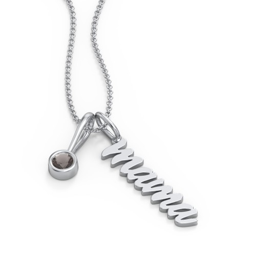 Script Mama Necklace with Birthstone Charm – Sterling Silver with Smokey Quartz