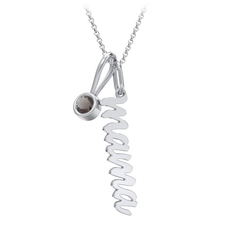 Script Mama Necklace with Birthstone Charm – Sterling Silver with Smokey Quartz