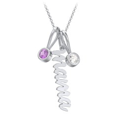 Script Mama Necklace with 2 Birthstone Charms in 925 Sterling Silver with Amethyst and Cubic Zirconia