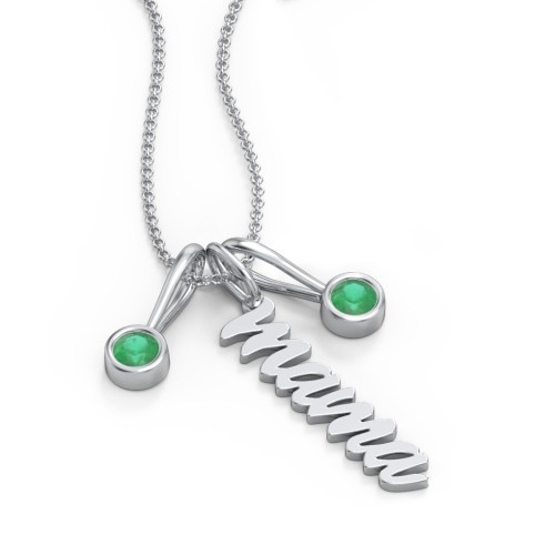 Script Mama Necklace with 2 Birthstone Charms – Sterling Silver with Emerald