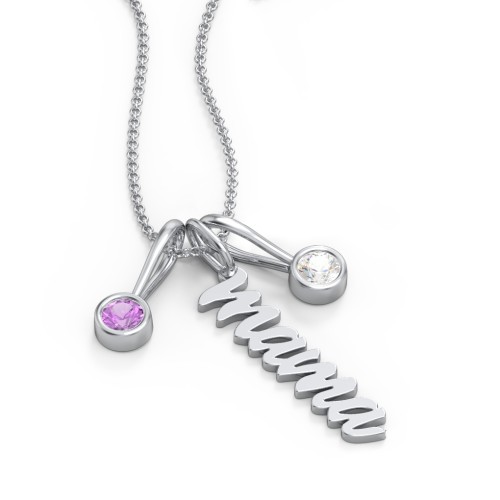 Script Mama Necklace with 2 Birthstone Charms – Sterling Silver with Amethyst and Cubic Zirconia