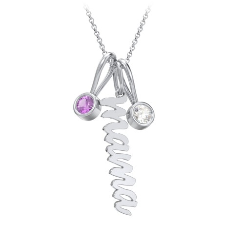 Script Mama Necklace with 2 Birthstone Charms – Sterling Silver with Amethyst and Cubic Zirconia