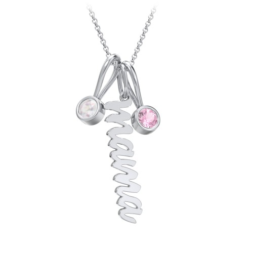 Script Mama Necklace with 2 Birthstone Charms – Sterling Silver with Opal and Pink Tourmaline
