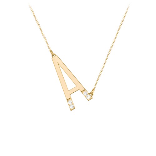 Asymmetrical Initial Necklace with Accent Stones - A – 18K Gold Plated Silver with Cubic Zirconia